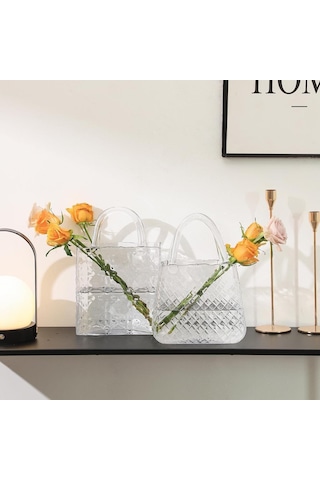 Çanta Vazo Köşeli Model Cam Çiçek Vazosu Dekoratif Şeffaf Vazo Büyük Boy Glass Bag Vase
