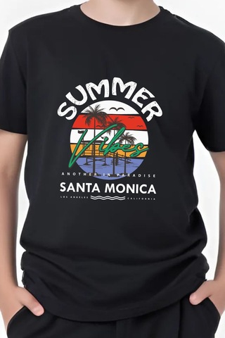 Summer Baskılı Erkek Çocuk Yuvarlak Yaka Kısa Kollu T-shirt Siyah