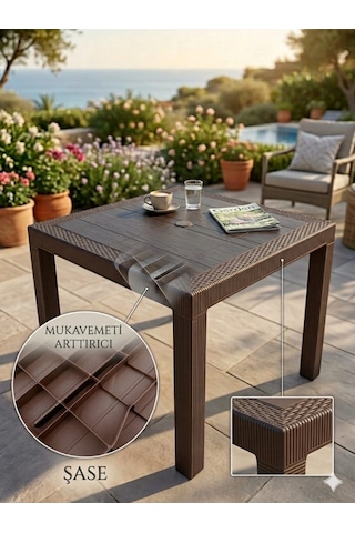 Evko Mobilya Rattan 90x90 Masa, Plastik Masa, Bahçe Balkon Teras Masası, Kare Masa, Dış Mekan Masası Acı Kahverengi