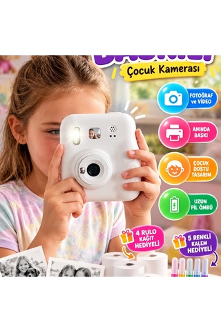 Anında Baskılı Çocuk Kamerası 4 Rulo Kağıt Ve 5 Renkli Kalem Hediyeli Fotoğraf Makinesi Seti