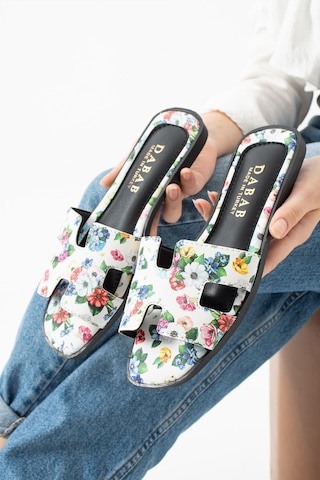 Dabab Shoes Florısa Kadın Çiçek Desenli H Bantlı Beyaz Düz Taban Yazlık Terlik