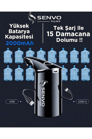 Senvo Pump Damacana Su Pompası Hızlı Dolum, Ultra Sessiz, Tek Şarjla 15 Damacanaya Kadar Siyah
