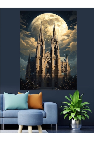 Ahşap Tablo Gece Işıkları Altında Gotik Katedral