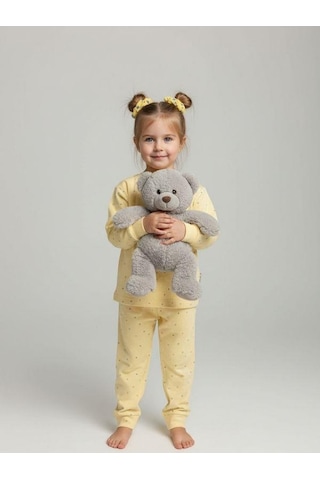Kız Çocuk Çiçek Desenli Pamuklu Yumuşak Dokulu Pijama Takımı-16842 Sarı