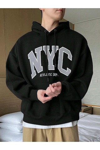 Altamira Erkek Siyah Nyc Baskılı Oversize Kapşonlu Sweatshirt 001