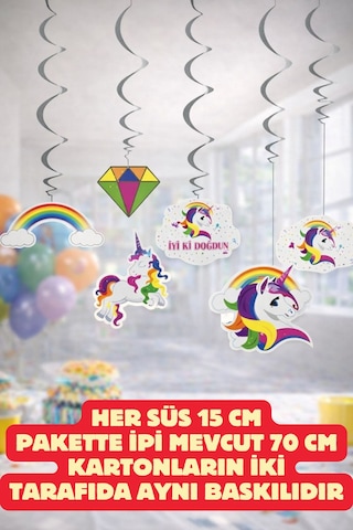 Unicorn Tavan Sarkıtı Seti 15 Cm Çift Taraflı Baskılı Çocuk Doğum Günü Parti Süsü Unicorn Desenli