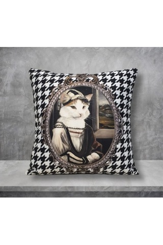 Şapkalı Kedi Kaz Ayağı Desen Kırlent Kılıfı Renkli