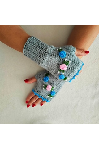 Newdaycraft El Örgüsü Mavi Ve Pembe Gül Nakışlı Gri Parmaksız Eldiven