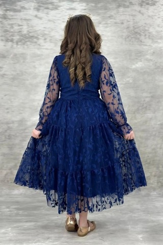 Dantel Yapraklı Kız Çocuk Uzun Abiye Elbise 11 - 14 Yaş 001