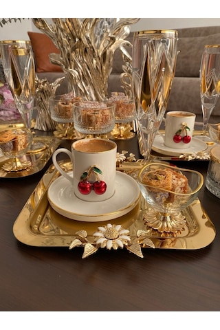 Atabey Home Collection 6'lı Kahve & Çay & Sunum Tepsisi Çelik Gold Tepsi Papatya Model