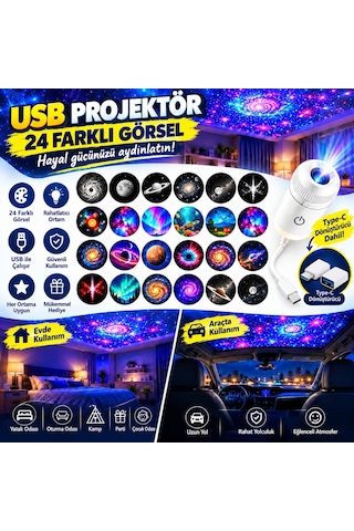 Mighty 24 Farklı Desenli Usb Led Projektör Gece Lambası 360 Derece Ayarlanabilir Yıldız Galaksi