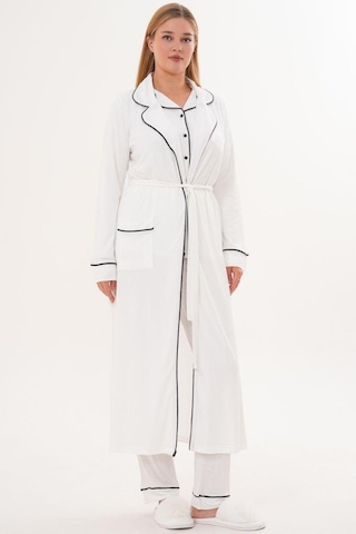 Mecit Pijama Mecit 6333 Ekru Kadın Sabahlıklı Boydan Düğmeli Pijama Takımı Ekru