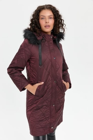 Desen Triko Desen Kapüşonlu Midi Oversize Kaban - Kışlık Bordo