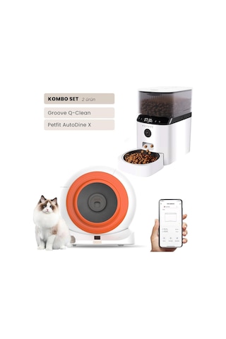Groove Q-clean Wi-fi Akıllı Otomatik Kedi Tuvaleti Turuncu + Petfit Autodine X 5l Wi-fi Kameralı Akıllı Otomatik Mama Kabı Besleme Ünitesi Bundle