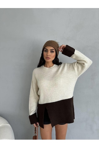 Triko Kazak Alt Kısmı Yırtmaçlı Kahverengi Beyaz-483 Kahverengi