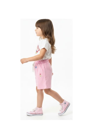 Toontoy Kids Toontoy Kız Çocuk 2'li Şortlu Takım Bisiklet Yaka Kısa Kollu Baskılı Tişört Beli Bağlamalı Baskılı Şort 25034 Ekru