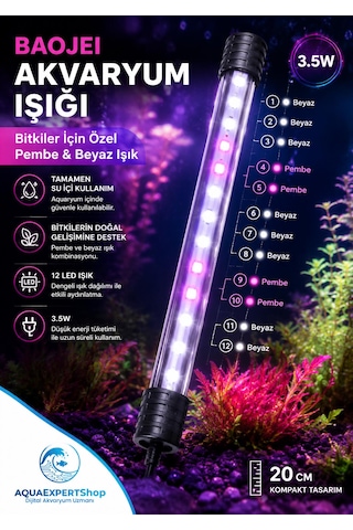 Akvaryum Işığı - Bitki Işığı - Balık Işığı - Tamamen Su İçinde Kullanılabilir - 12 Led - Pembe Beyaz - 20 Cm - Güçlü Aydınlatma - 3.5w