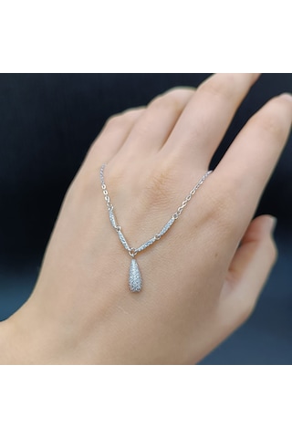 925 Ayar Gümüş Zirkon Taşlı Su Damlası Model Kadın Kolye-şık Tasarım - 42 Cm +5cm Gümüş