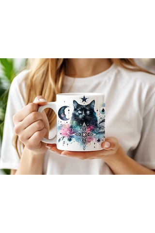 Kozmik Siyah Kedi Kupa Bardak - Spiritüel Kedi Tasarım - Yıldız Ve Hilal Baskılı Sanatsal Hediye Beyaz