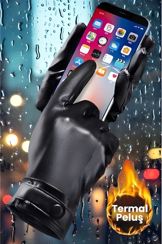 Erkek Kalın İçi Polar Lüks Model Kalın Deri Eldiven Kar Eldiveni Siyah