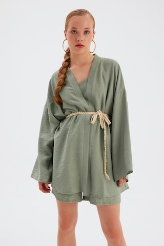 Sateen Kuşak Detaylı Salaş Kimono- Yeşil