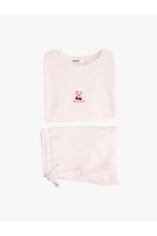 Koton Kiraz Detaylı Bisiklet Yaka Kısa Kollu Dokulu Pijama Takımı Pembe 6slk40086mk Gül
