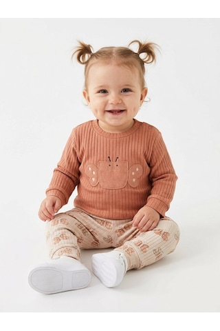 HelloBaby Pamuklu Kelebek Detaylı Taytlı 2li Kız Bebek Takım Kahverengi