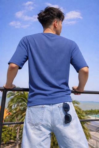 Tarz Cool Erkek Jakarlı Oversize Tişört Bisiklet Yaka Rahat Kalıp Yazlık Basic T-shirt Lacivert