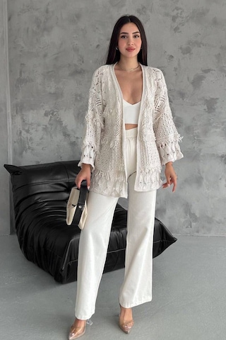 Noa & Noa Kadın Desenli Açık Örgü Hırka Romantik & Modern Stil Ekru