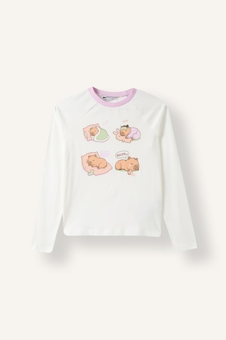 Defacto Baskılı Uzun Kollu Üst Lastikli Paça Alt 2li Pijama Takımı Kız Çocuk I3894a826auer105 Ekru-er105