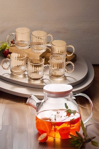 6 Kişilik Set Takım 1 Adet Cam Demlik - 6 Fincan Takım - Model 3 Diğer