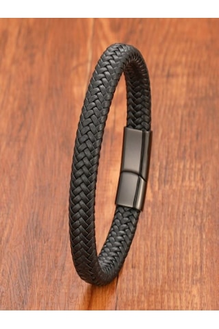 Hg.Aksesuar Siyah Deri Örgü Çelik Bileklik 7865