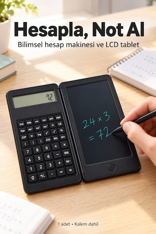 Katlanabilir Bilimsel Hesap Makinesi Silinebilir Lcd Yazı Tabletli Siyah