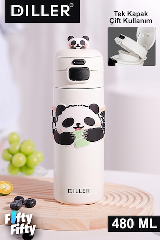 Dıller 480 Ml Tek Kapak Çift Kullanım Pipetli/pipetsiz Taşıma Kulplu Vacum Cup/çelik Termos -ffd9240 Beyaz