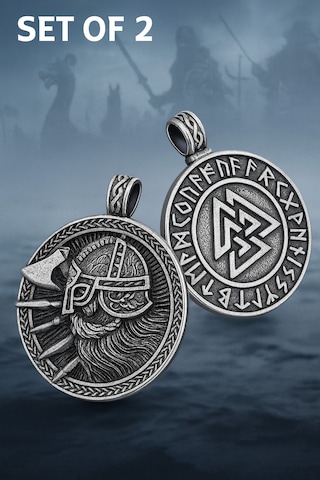 Paslanmaz Çelik 2 Li Viking Kolye Seti Valknut Ve Savaşçı Sembolü Erkek Kolye Gümüş