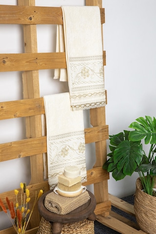 %100 Pamuk Güpürlü Çeyizlik 2'li Havlu 50x90 - Krem Krem