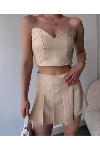 Arkadan Büzgülü Esnek Büstiyer Bej Bej