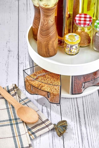 Toptanfoni 360 Dönebilen 2 Katlı Çekmeceli Mutfak Baharatlık Organizeri Ve Düzenleyicisi 6 Bölmeli Büyük Boy Şeffaf