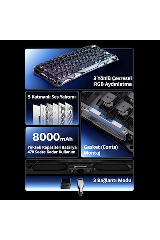 Gravastar Mercury K1 Rgb Kablosuz Mekanik Gaming Klavye, İngilizce Q, Stealth Black