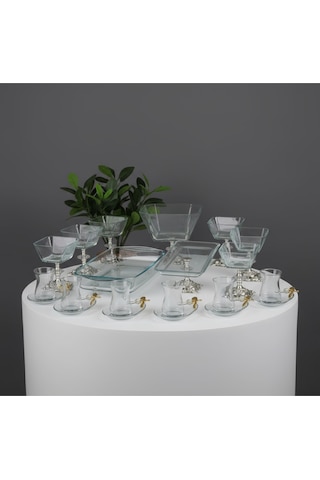 Çnr Home Collection Paşabahçe Gold Detaylı Metal Ayaklı Sunum & Servis Seti Pasta , Magnolia ,çay Seti , Kurabiyelik Gümüş