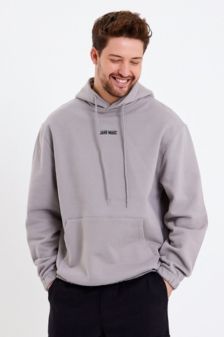 JAHR MARC Açık Gri Nakışlı Oversize Erkek Sweatshirt Krem