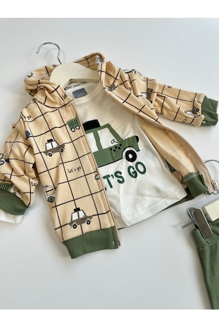 Bellamio Kids Erkek Bebek 3'lü Araba Desenli Yeşil Takım Yeşil