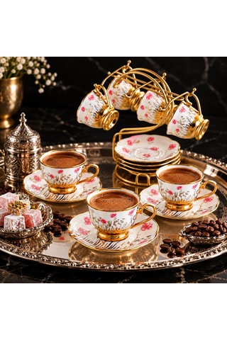 Valkyrie 6 Kişilik 13 Parça Standlı Kahve Fincanı Seti 90 Ml Çiçek Desenli Altın Detaylı K655 Pembe