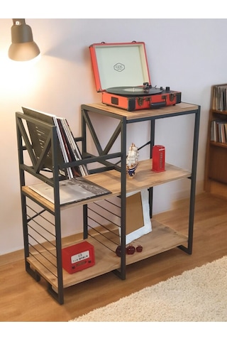 Plak Standı Metal Gövdeli Ahşap Raflı Pilak Köşesi Dresuar Siyah