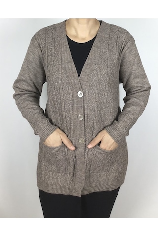 Önü Düğmeli Cepli Yünlü Kısa Anne Hırka Vizon