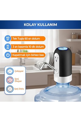 4 W Şarjlı Otomatik Damacana Su Pompası 1200 Mah Bataryalı, Bpa İçermez, Ce Belgeli Su Dispenseri Siyah