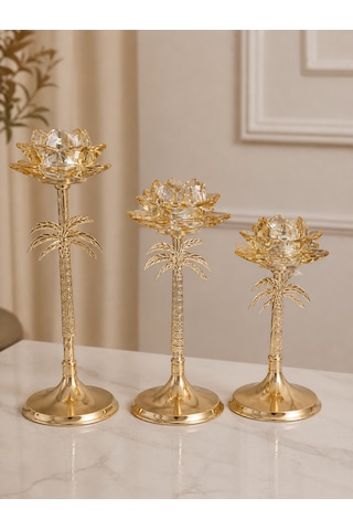 3 Lü Palmiye Tasarımlı Dekoratif Şamdan Mumluk Seti Gold Metal & Cam Detaylı 33 Cm 27 Cm 23 Cm Modern Lüks Ev Dekoru