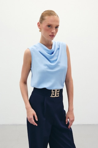 Sateen Degaje Yaka Saten Bluz - Mavi-136199 Mavi