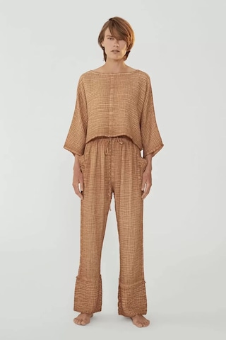 Kahverengi Yüksek Kalite Pamuk Truvakar Kollu Üst-yüksek Belli Pantolon Takım Kahverengi