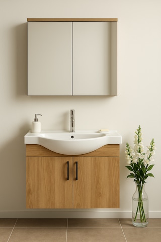 Nova 80 Cm Mdf Ahşapi, Oval Seramik Lavabo, Banyo Dolabı Takımı Ahşap